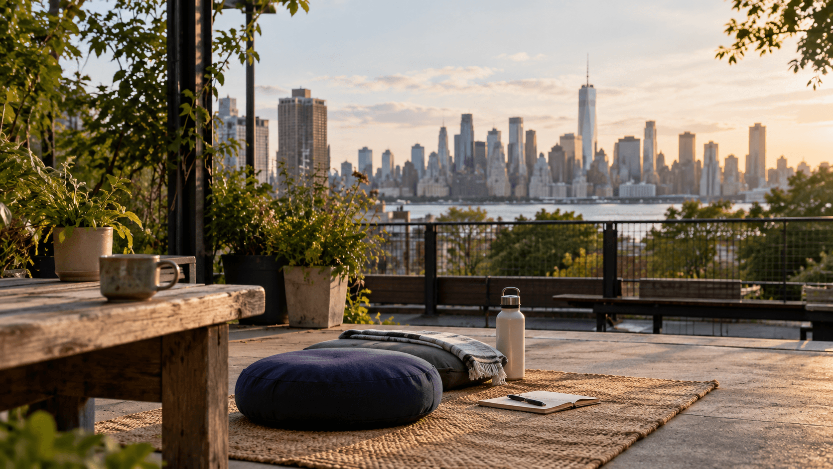 A calm practice space overlooking the city at golden hour